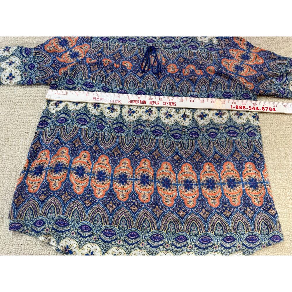 Lucky Brand Women’s Medium Tunic Top Peasant Boho Tie Neck Rayon Blue Orange - Picture 3 of 9
